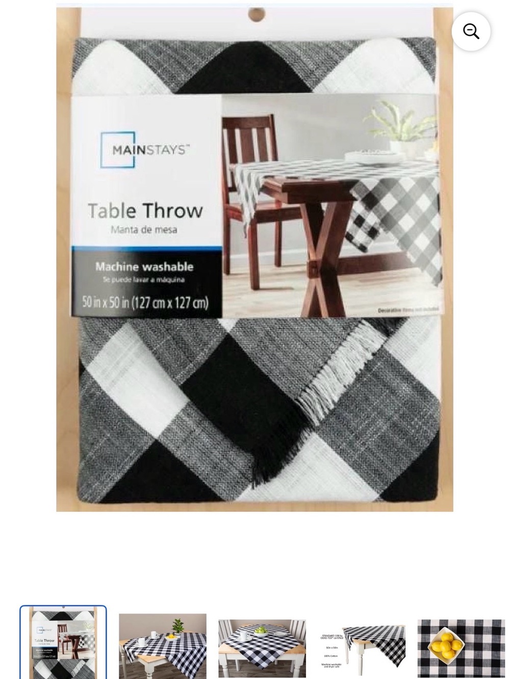 Mainstays Buffalo Plaid Cotton Table Throw 50x50 Black White NWT